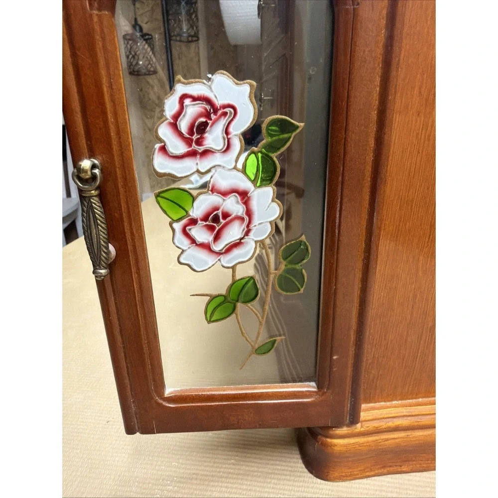 Vtg 80s Gunther Mele Dresser Top Jewelry Armoire box; Floral Painted Glass Door - Picture 11 of 12